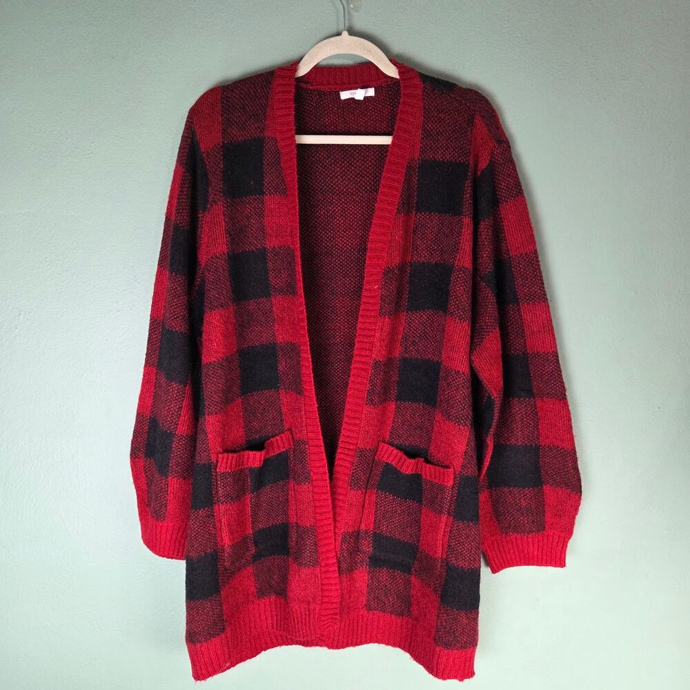 Maurices Womens 2X Buffalo Plaid Duster Cardigan Sweater Red Cabin Cozy Winter